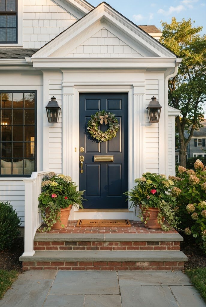 navy blue front door freshly painted on a home with white trim