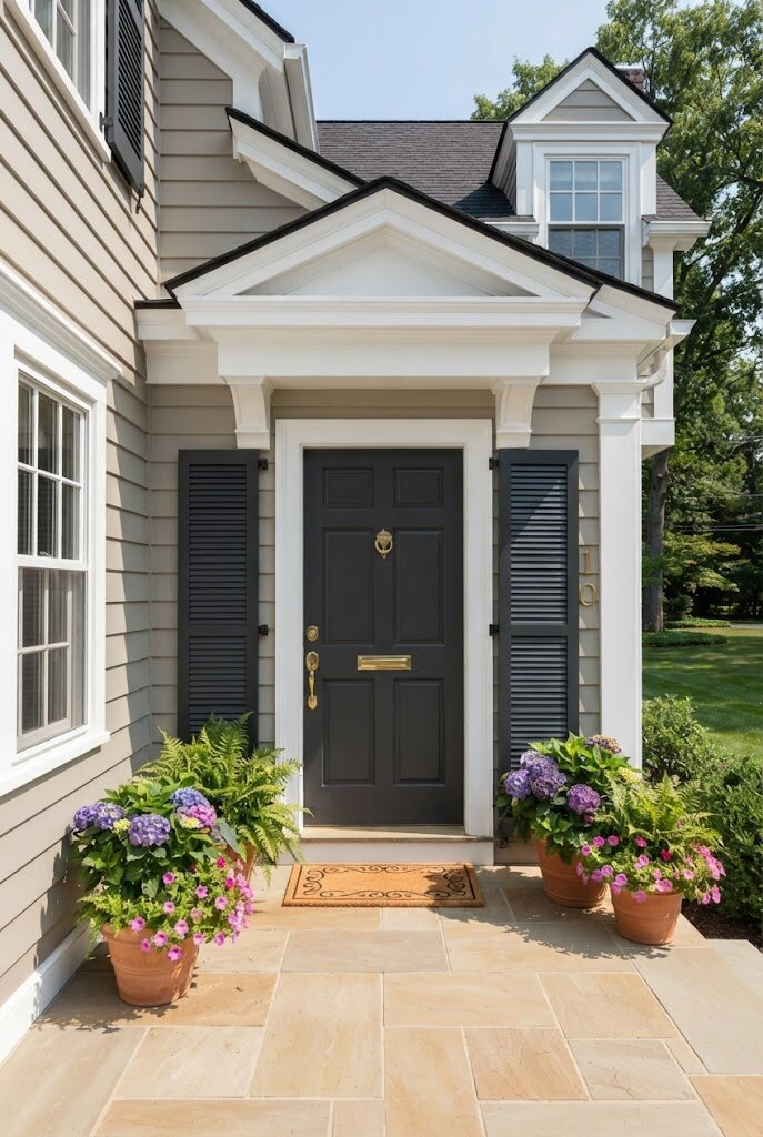 two-tone exterior paint scheme with contrasting trim on a porch facade