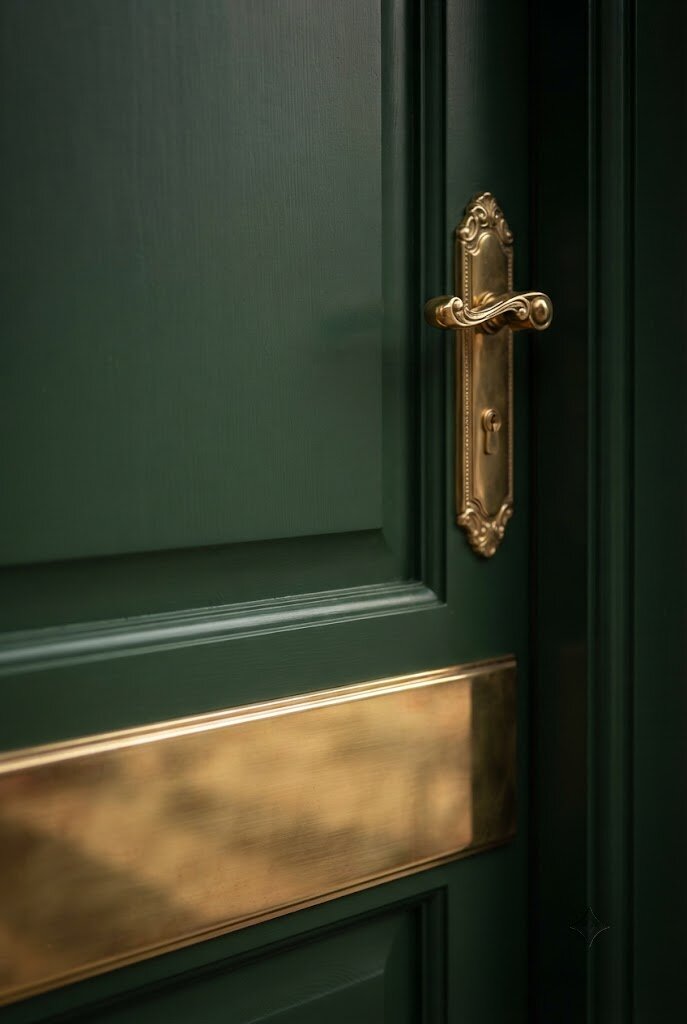 brass door handle and kick plate on a painted front door