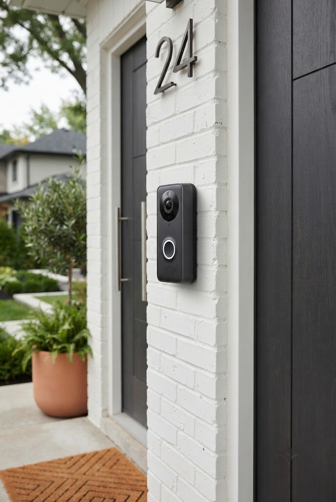 modern smart video doorbell mounted beside a front door