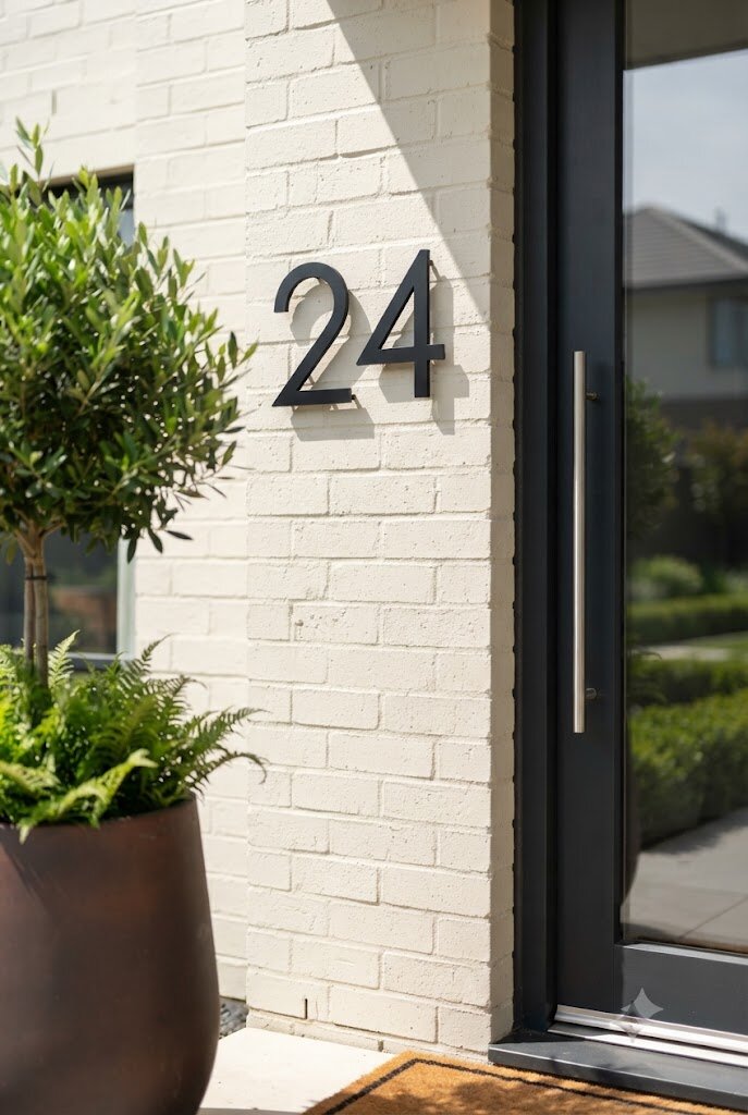 modern matte black house numbers mounted on exterior wall near front door