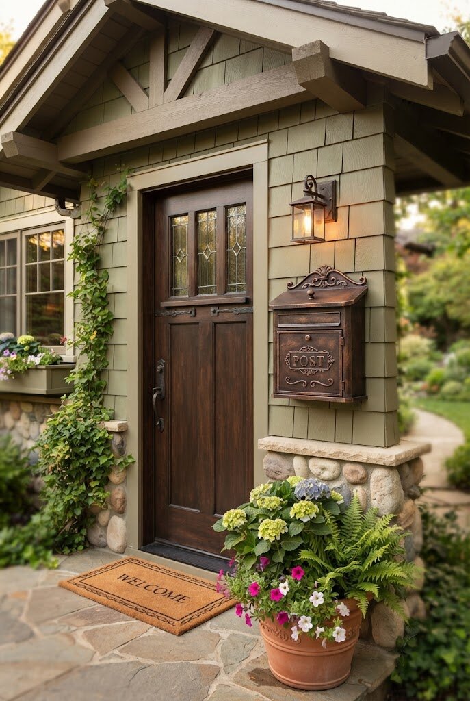 vintage style mailbox mounted beside a front door entrance