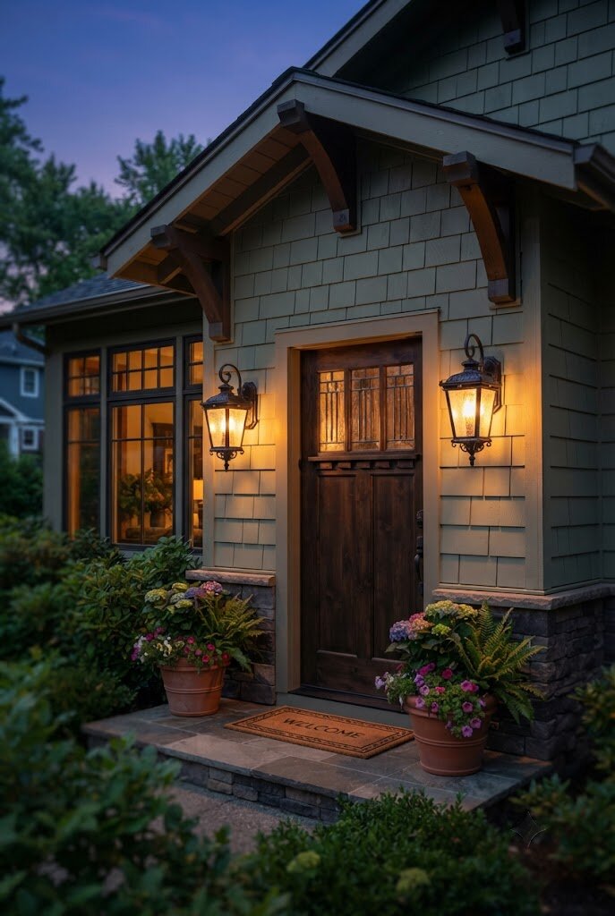 matching lantern sconces mounted on either side of a front door