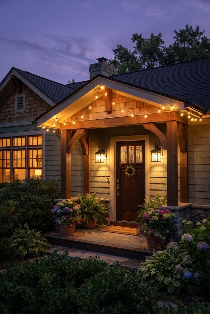 warm string lights strung along a front porch roofline at dusk