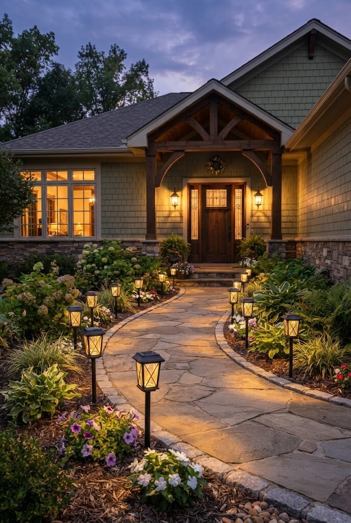 solar lanterns lining a front walkway leading to a porch entrance
