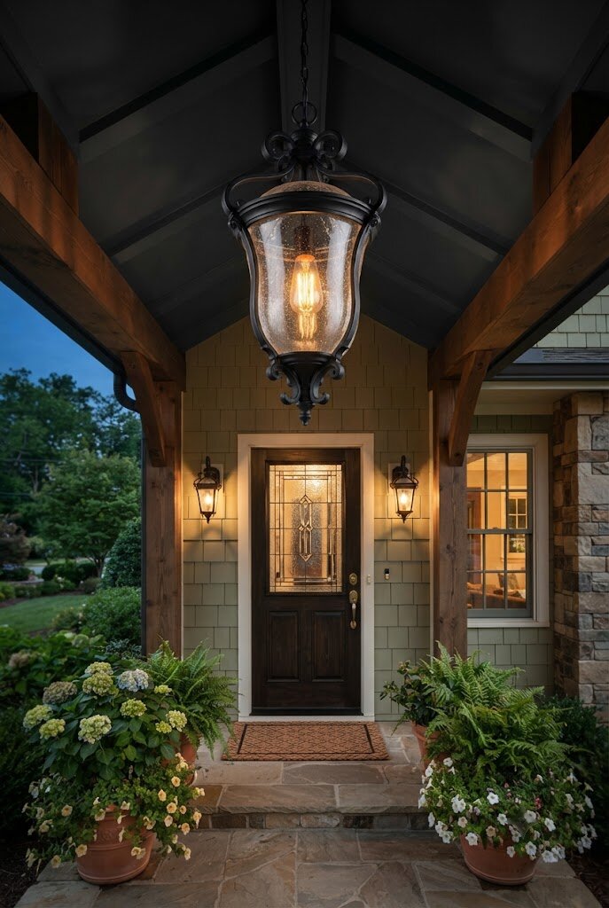 statement pendant light fixture hanging above a covered front porch entrance
