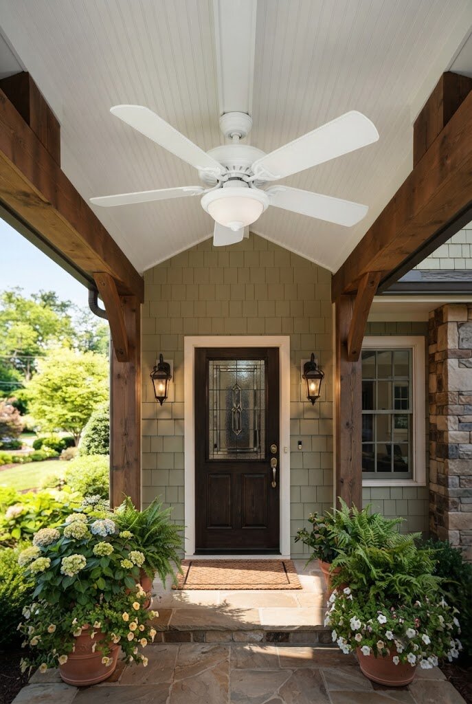 outdoor ceiling fan installed on a covered front porch ceiling
