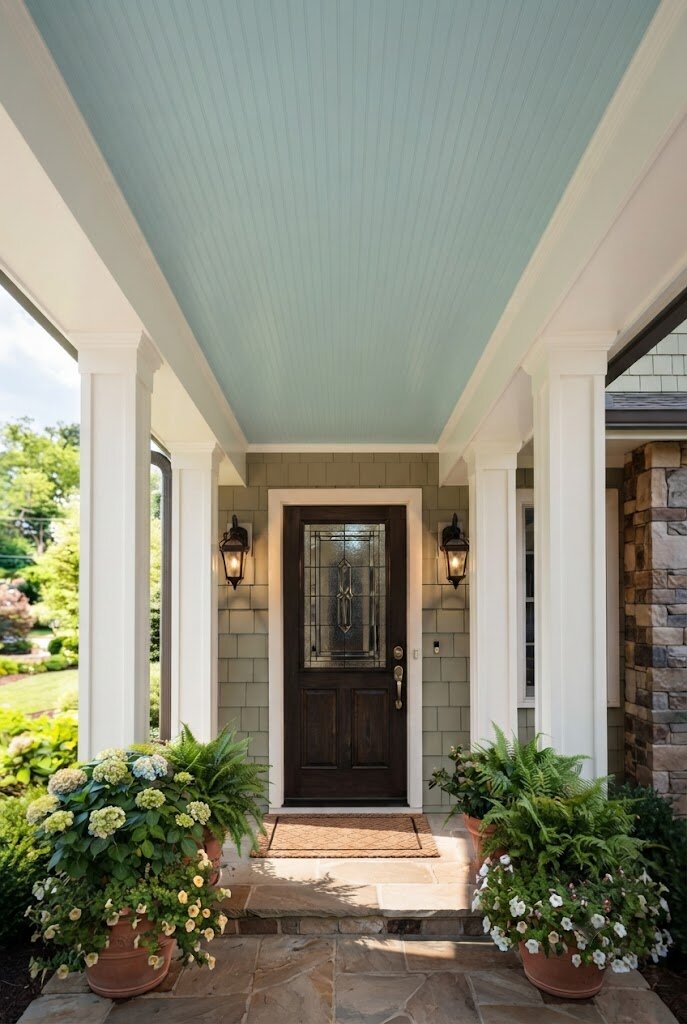 covered porch ceiling painted pale haint blue color