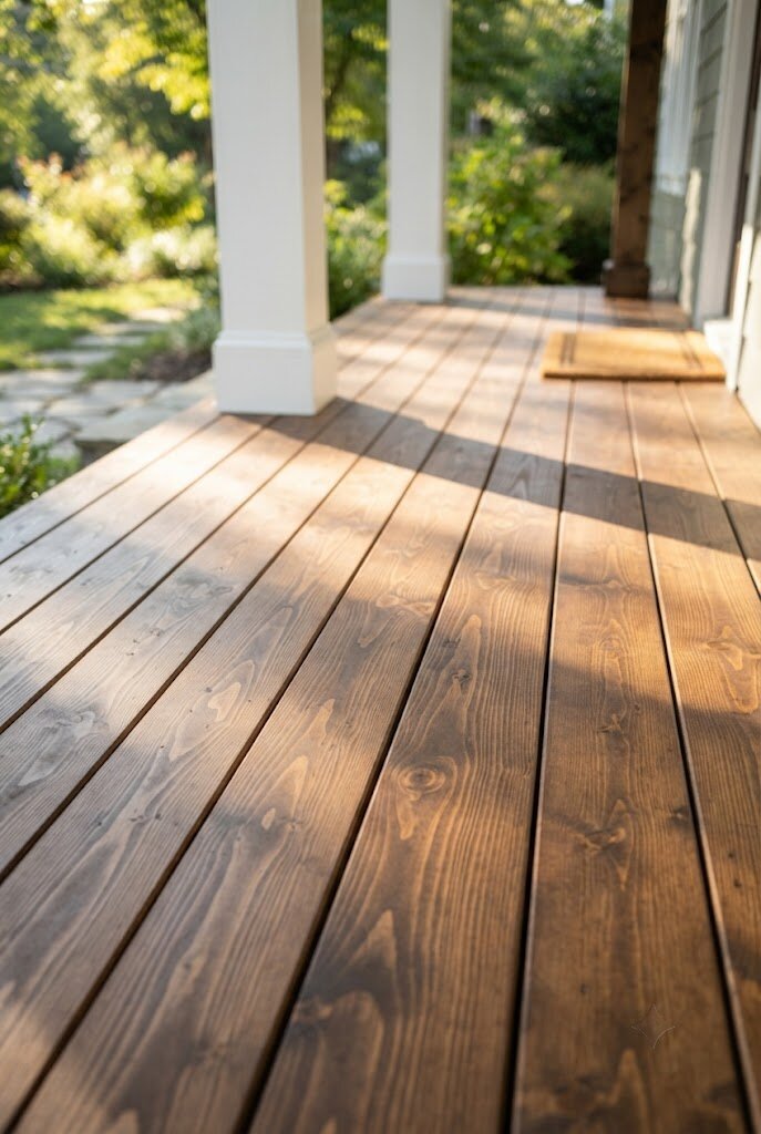freshly stained wood porch flooring boards