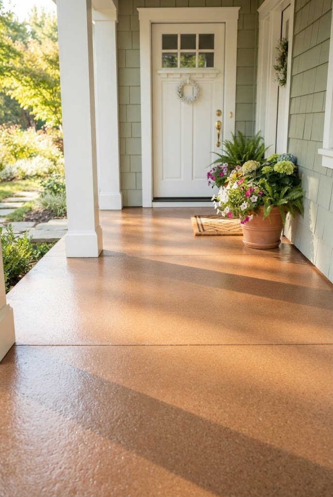 stained and sealed concrete porch floor in warm terracotta tone