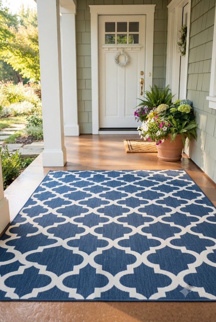 patterned outdoor rug placed at a front porch entryway