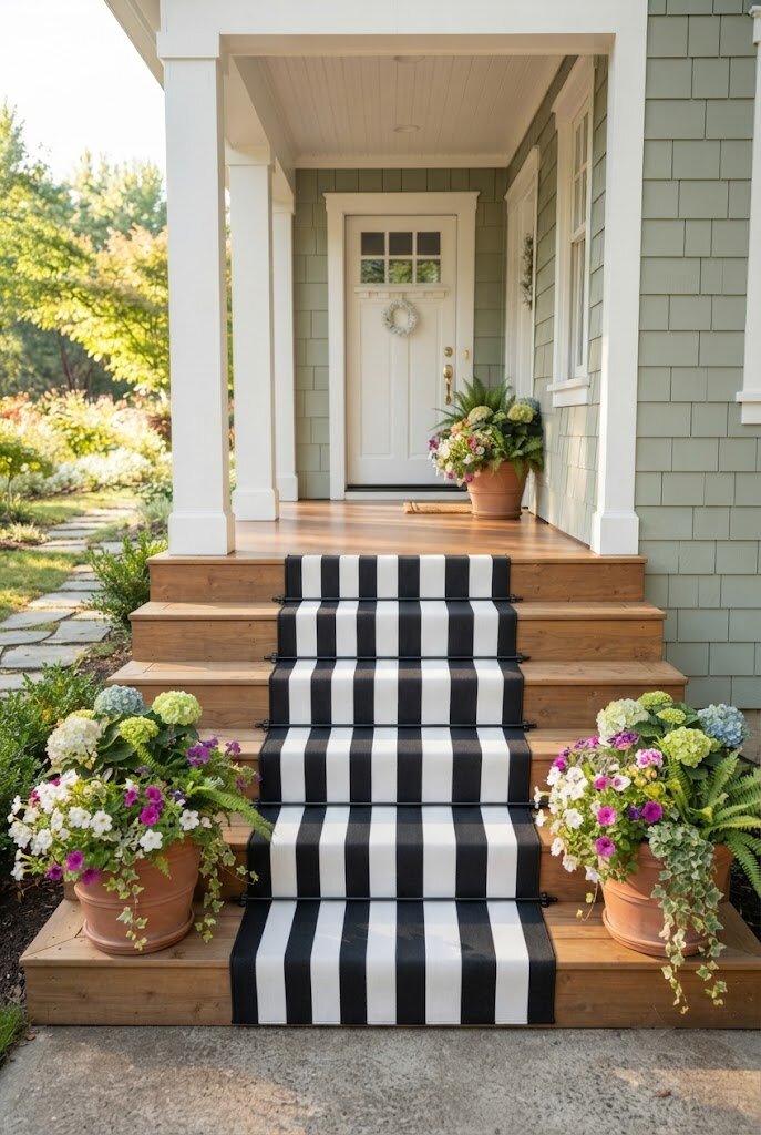 striped outdoor stair runner installed on front porch steps