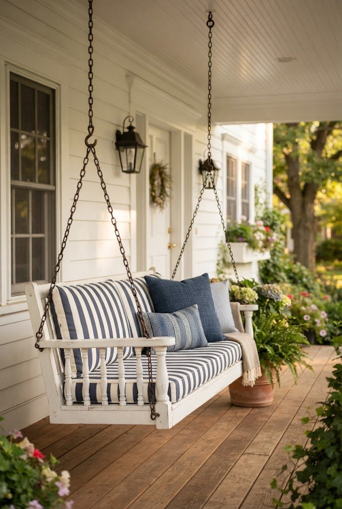 wooden porch swing hanging on a covered front porch