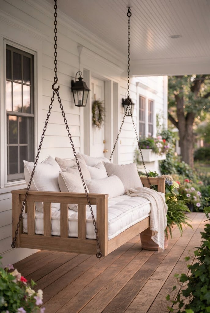 wide daybed style porch swing bed with cushions