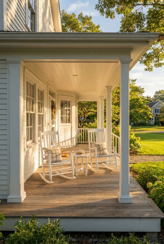 matching pair of wooden rocking chairs on a front porch
