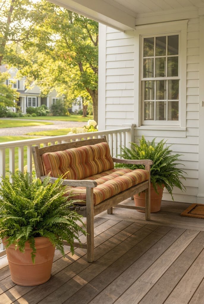 wooden bench with cushions on a front porch