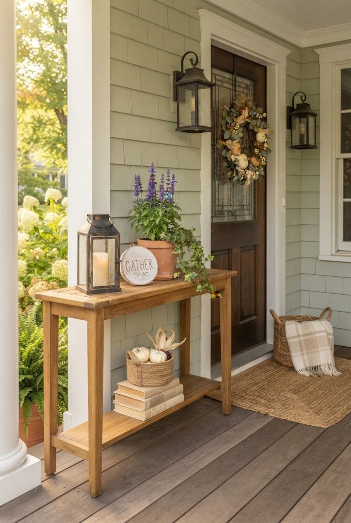 small console table styled with seasonal decor on a front porch