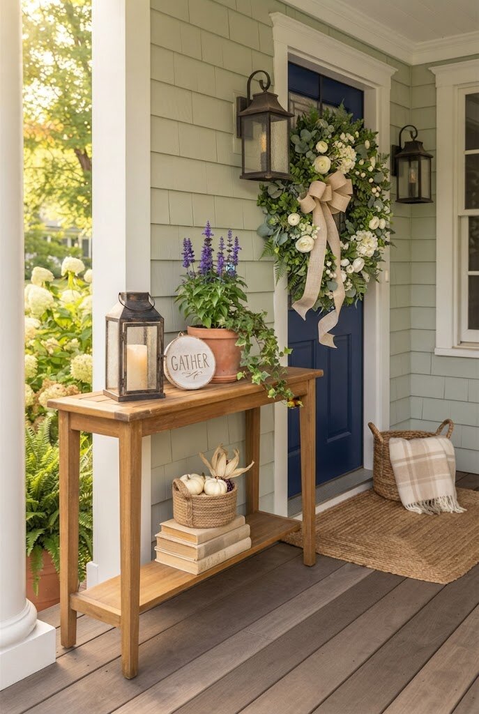 oversized seasonal wreath hanging on a front door