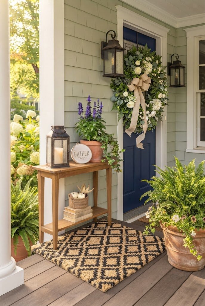 patterned doormat placed at a front porch entrance