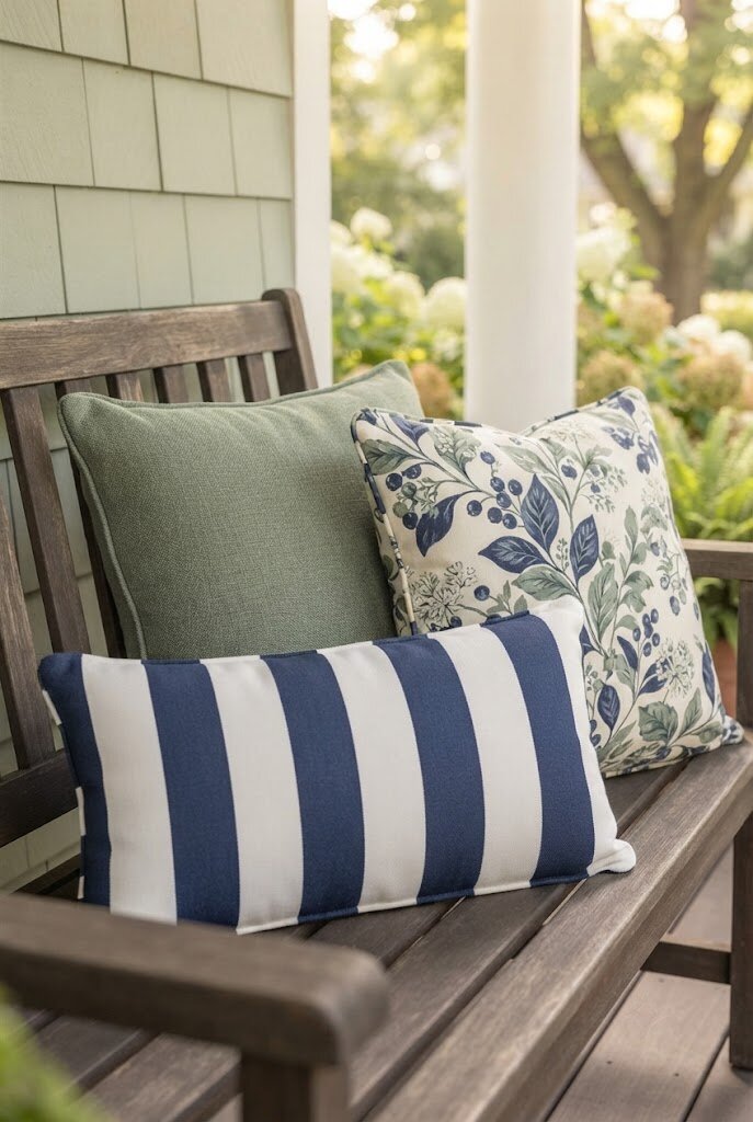 coordinated throw pillows arranged on porch seating furniture