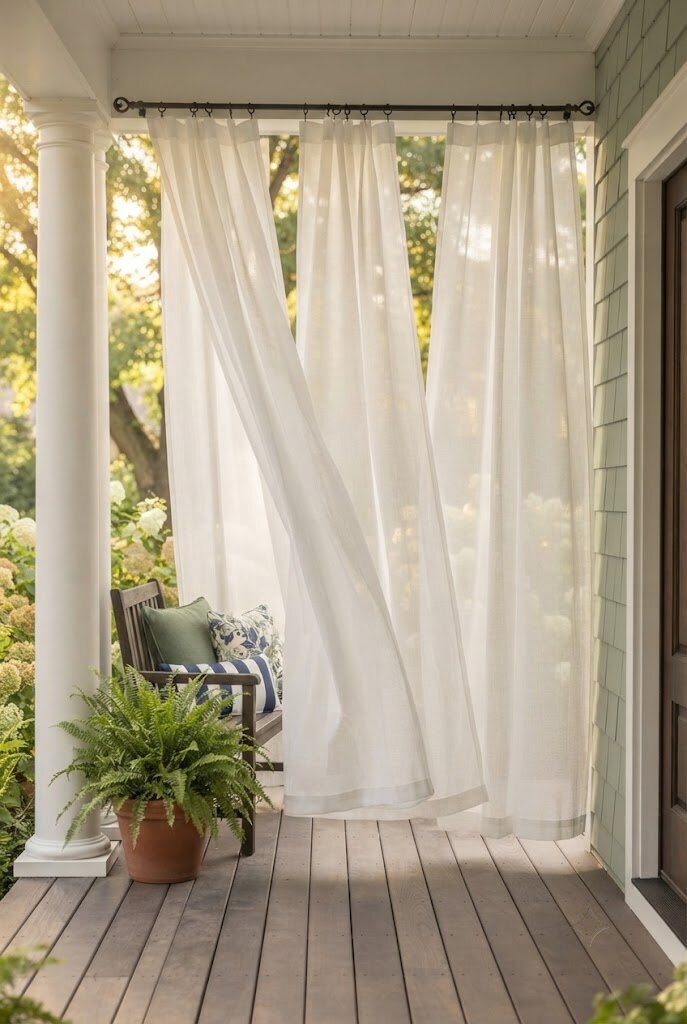 white outdoor curtains hanging from a covered front porch overhang