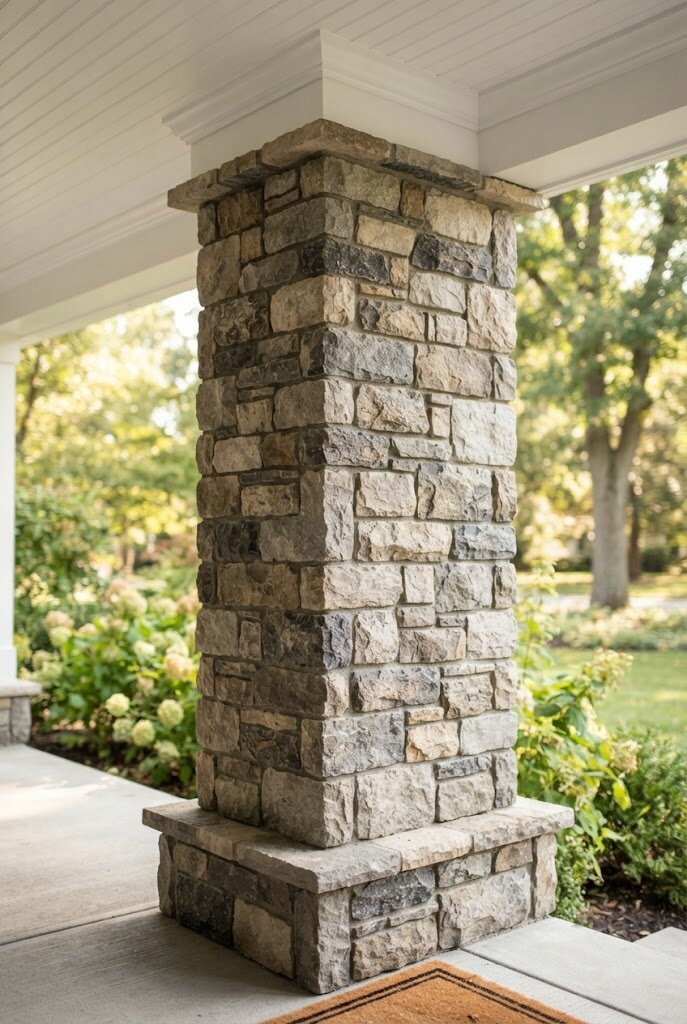porch column wrapped in stone veneer for architectural detail