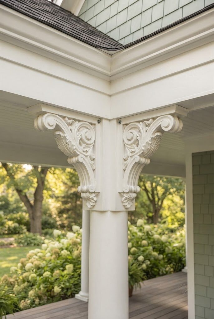 decorative wood corbels installed under a porch roofline