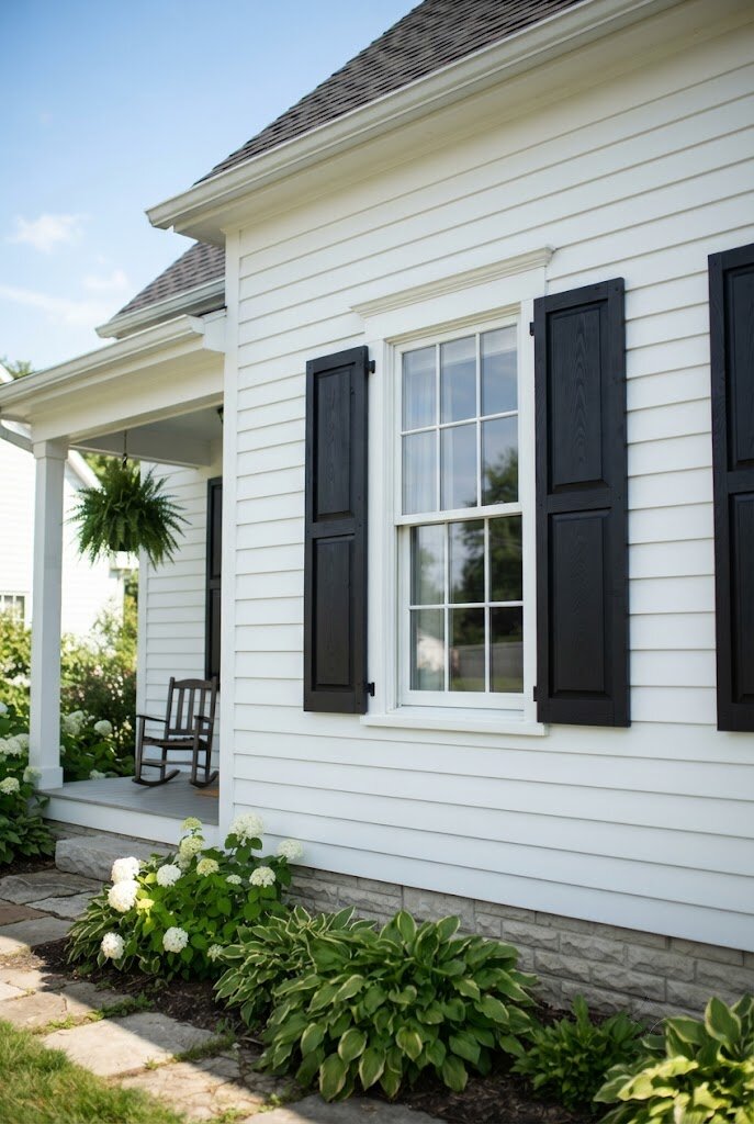 freshly painted black shutters flanking a front window near the porch