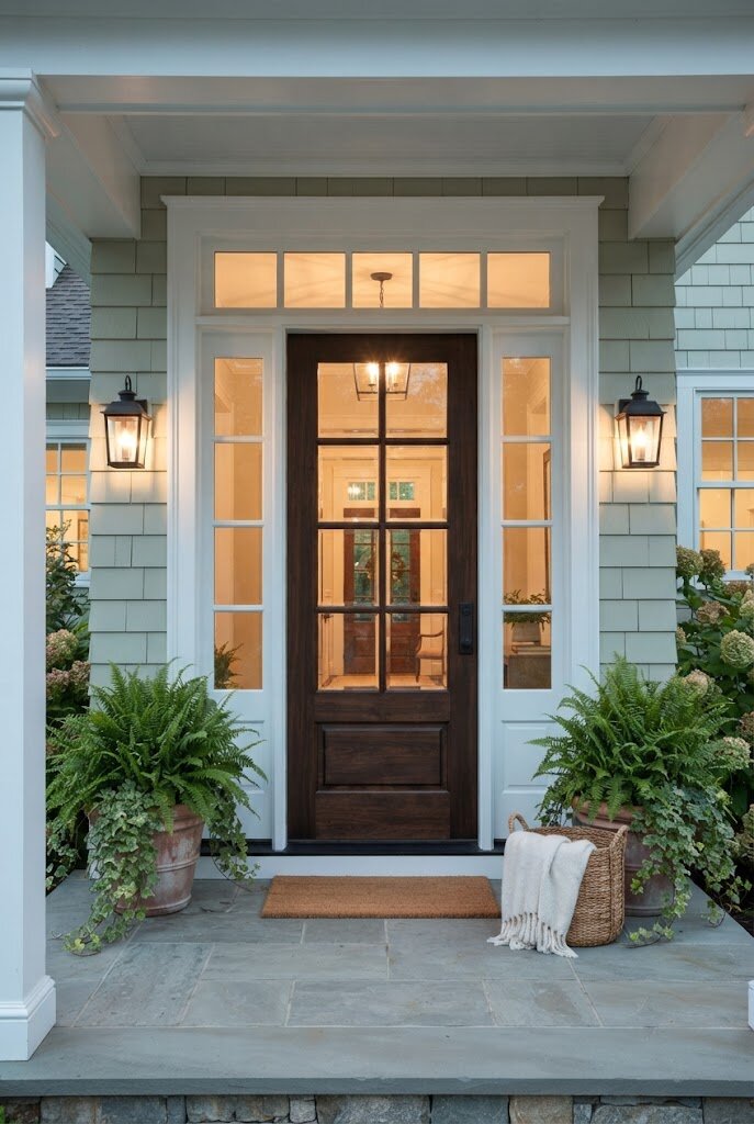 glass panel front door with sidelights on a home entrance