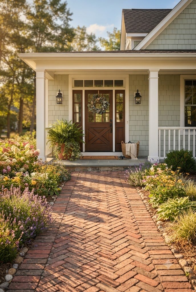 brick paver walkway leading to a front porch entrance