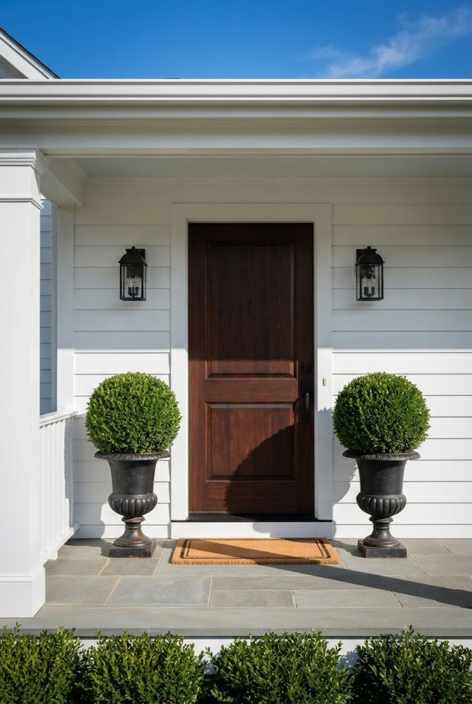 matching topiary planters flanking a front door entrance