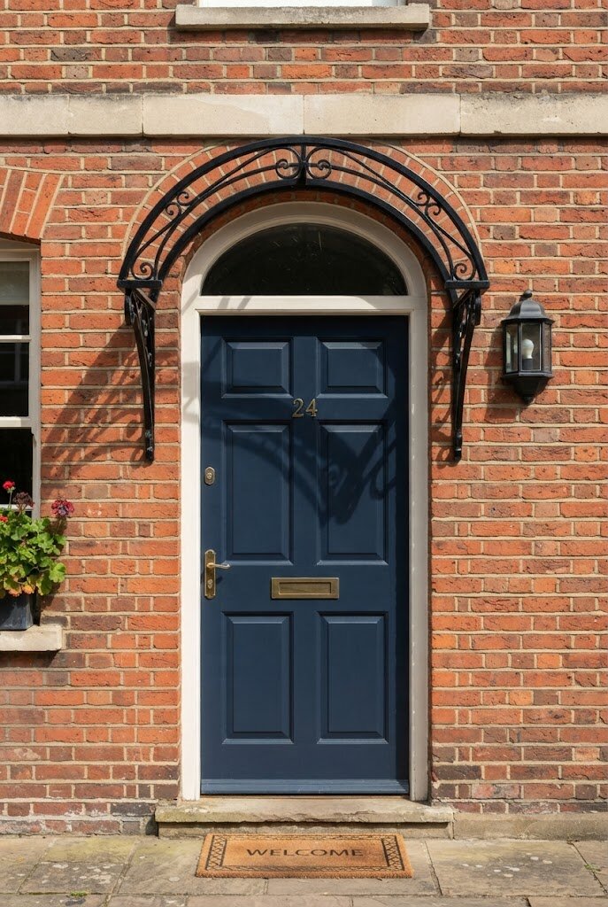 small metal awning installed above a front door entrance