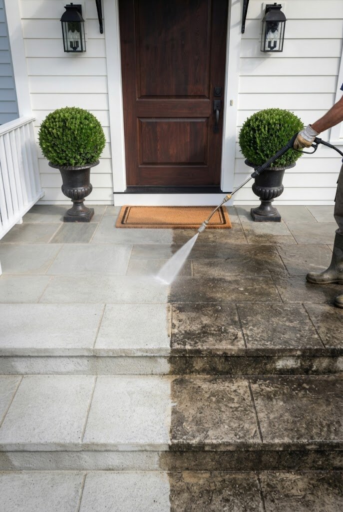 pressure washing a front porch floor and steps to remove grime