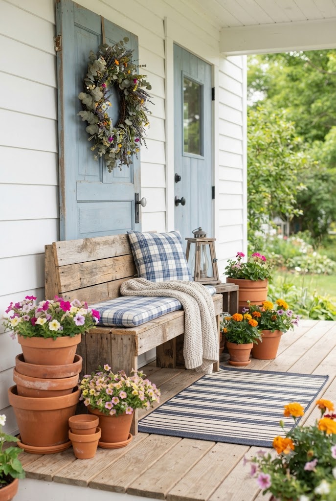 charming small front porch decorated on a budget with potted flowers, rocking chair, and welcome mat