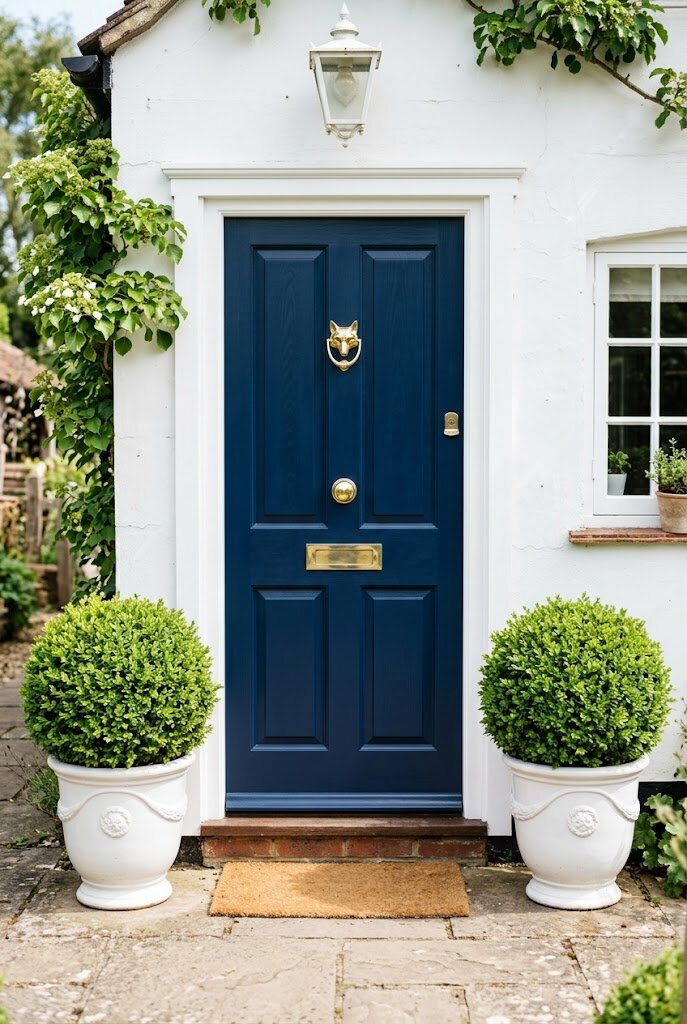 bold navy blue front door on white house with potted plants on small front porch