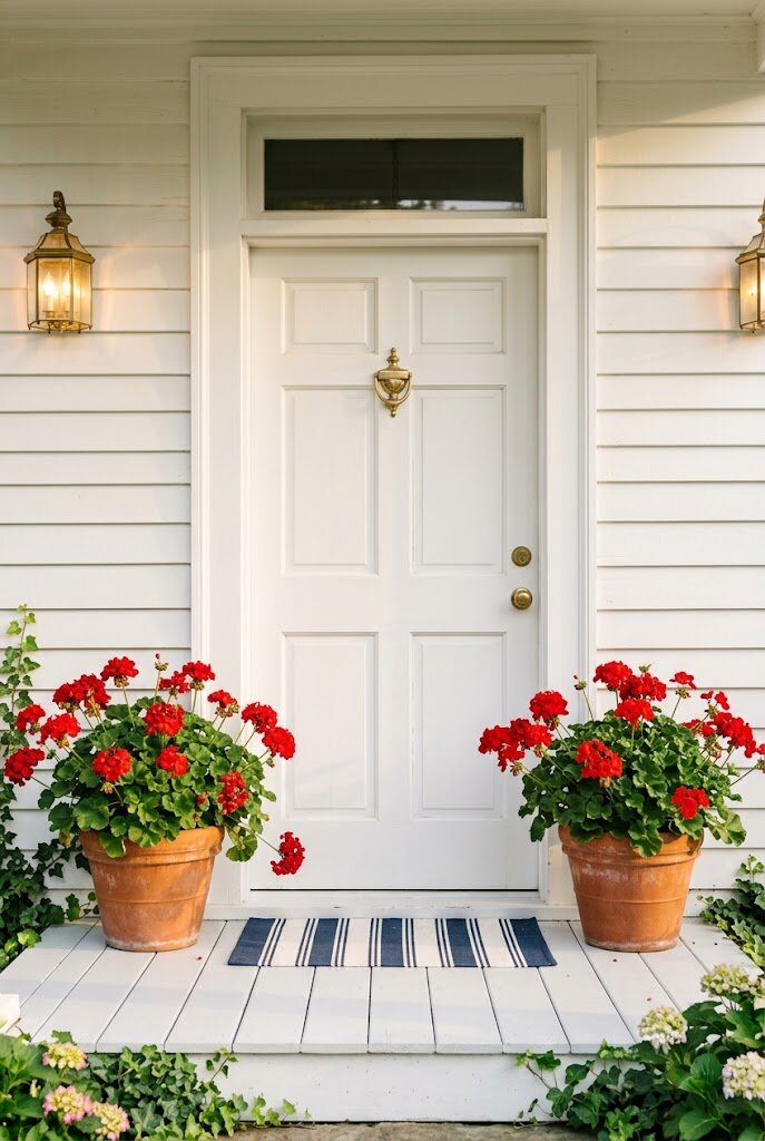matching terracotta pots with red geraniums flanking a front door on a small porch