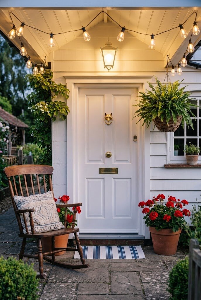 warm white solar string lights draped along small front porch ceiling at dusk