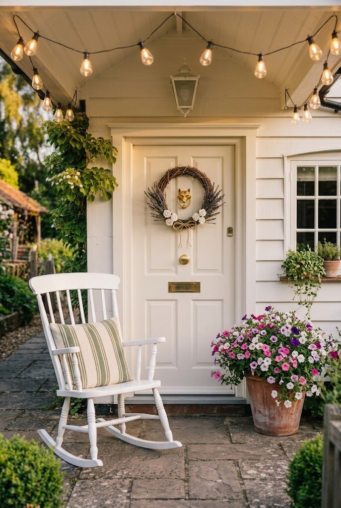 Boston fern hanging basket on small covered front porch with lush green fronds