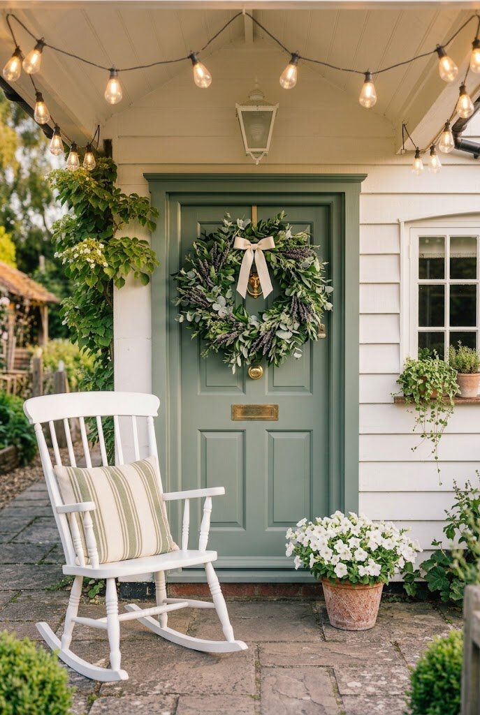 seasonal greenery wreath hanging on painted front door of small cottage home