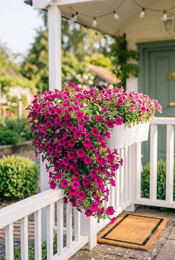 railing planter boxes with trailing petunias on small front porch railing