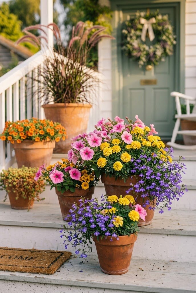 lavender plant in terracotta pot on sunny front porch steps with purple blooms