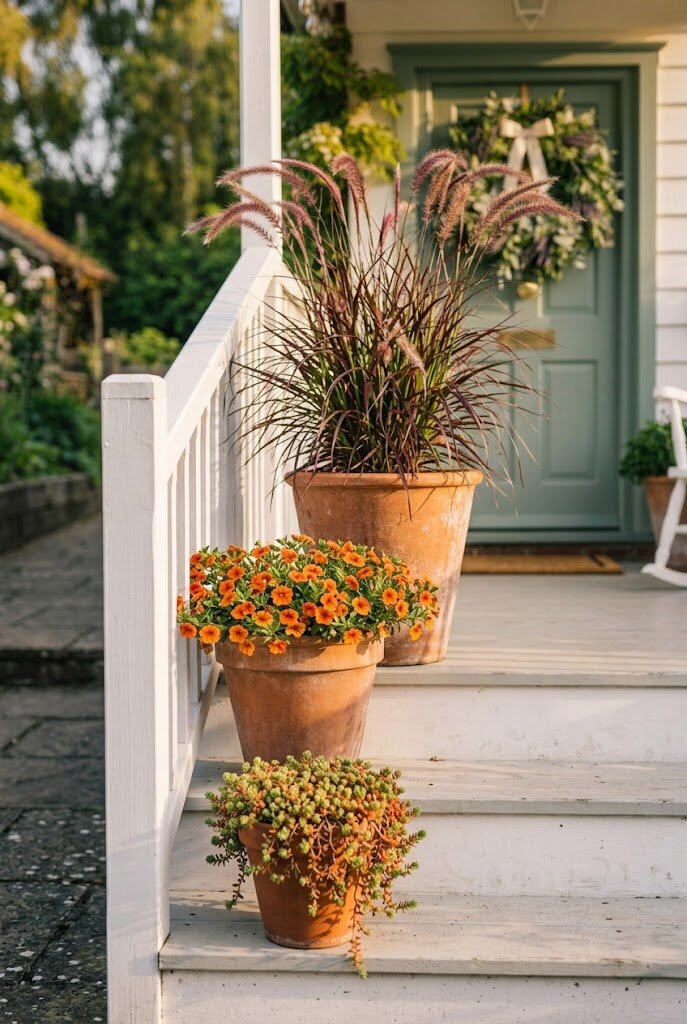 layered potted plants arranged on small front porch steps with terracotta pots