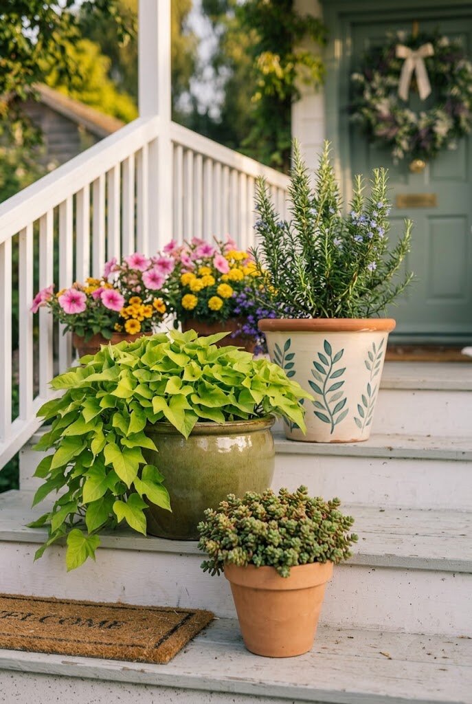 ceramic and terracotta pots with mixed height plants on cottage porch steps