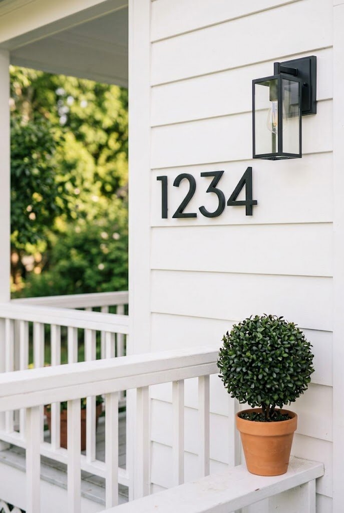 modern matte black house numbers mounted on white painted front porch wall
