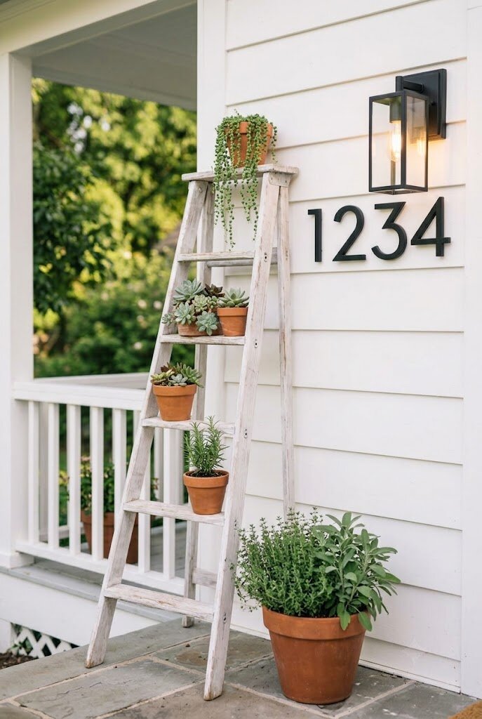 repurposed wooden ladder used as plant stand on small front porch with succulents