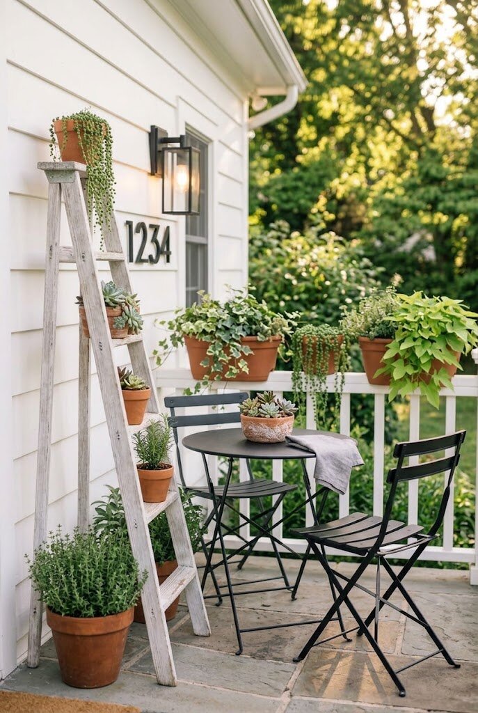 small bistro table and chair set on narrow front porch with potted plant