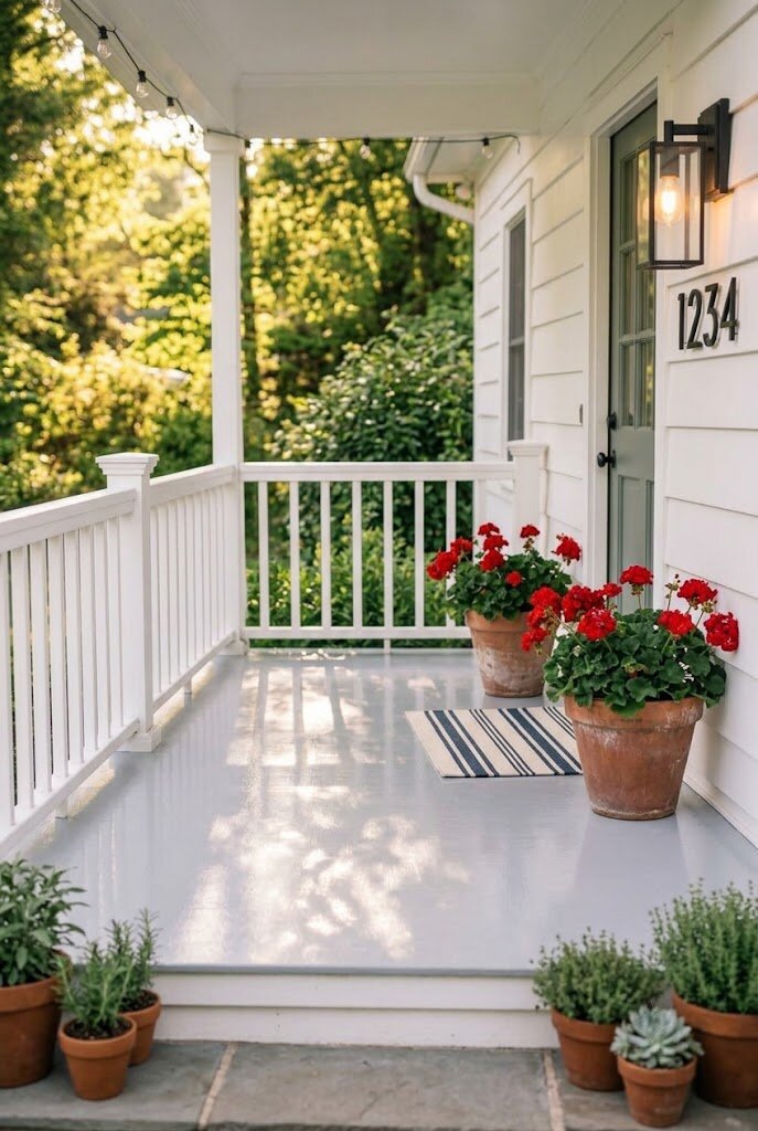freshly painted grey porch floor on small front porch with white railing and potted plants