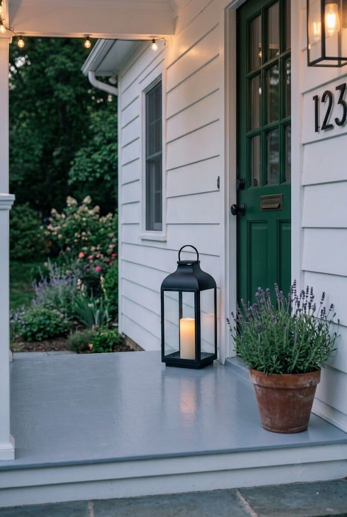 large black metal solar lantern with candle glow beside front door on small porch
