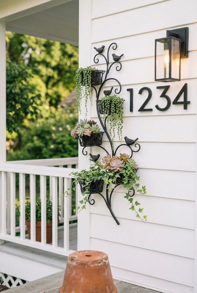 wall-mounted iron planter with trailing succulents on painted front porch wall