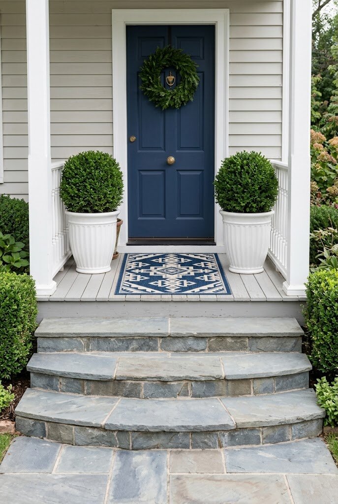 pair of matching evergreen topiaries in white pots flanking small front door